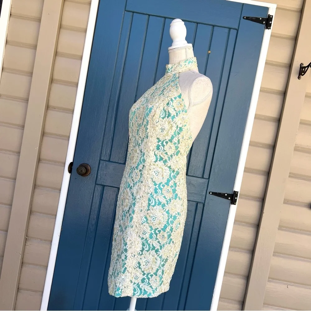 Vintage High-Neck Aqua Midi Dress Lace Overlay with embroidery pearl Size XS - Picture 3 of 9